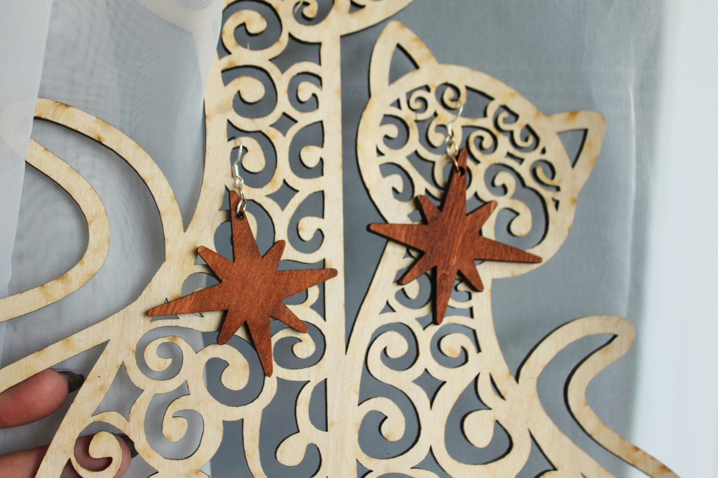 Wooden unique boho star earrings - red wood color - 2.2 inches - with silver plated hooks - handmade earrings