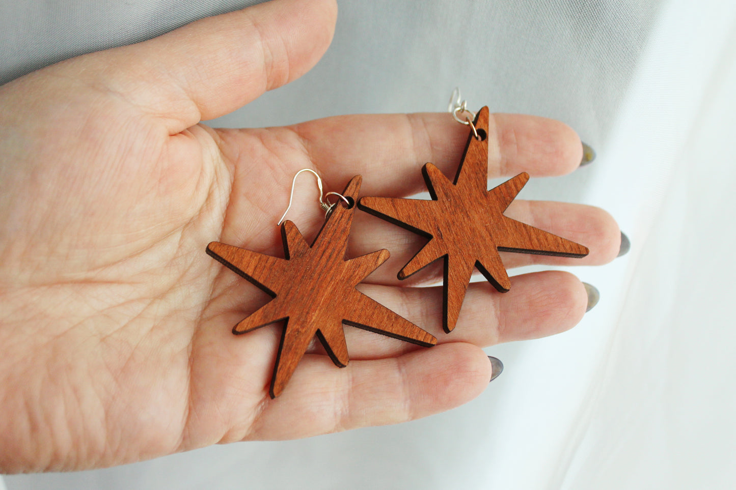 Wooden unique boho star earrings - red wood color - 2.2 inches - with silver plated hooks - handmade earrings
