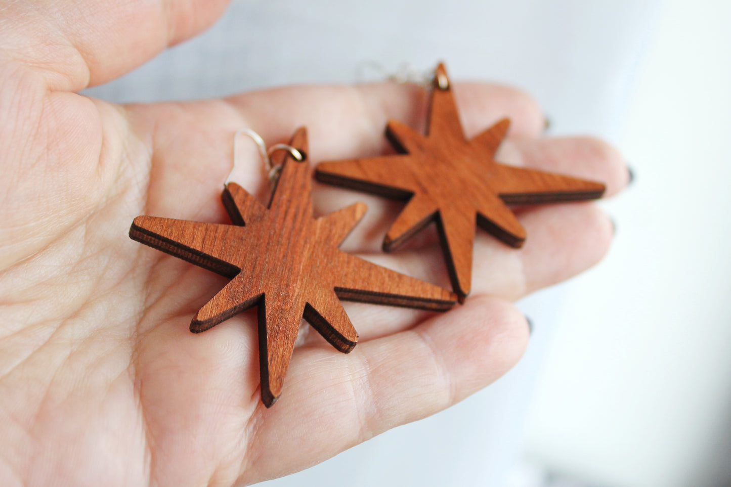 Wooden unique boho star earrings - red wood color - 2.2 inches - with silver plated hooks - handmade earrings