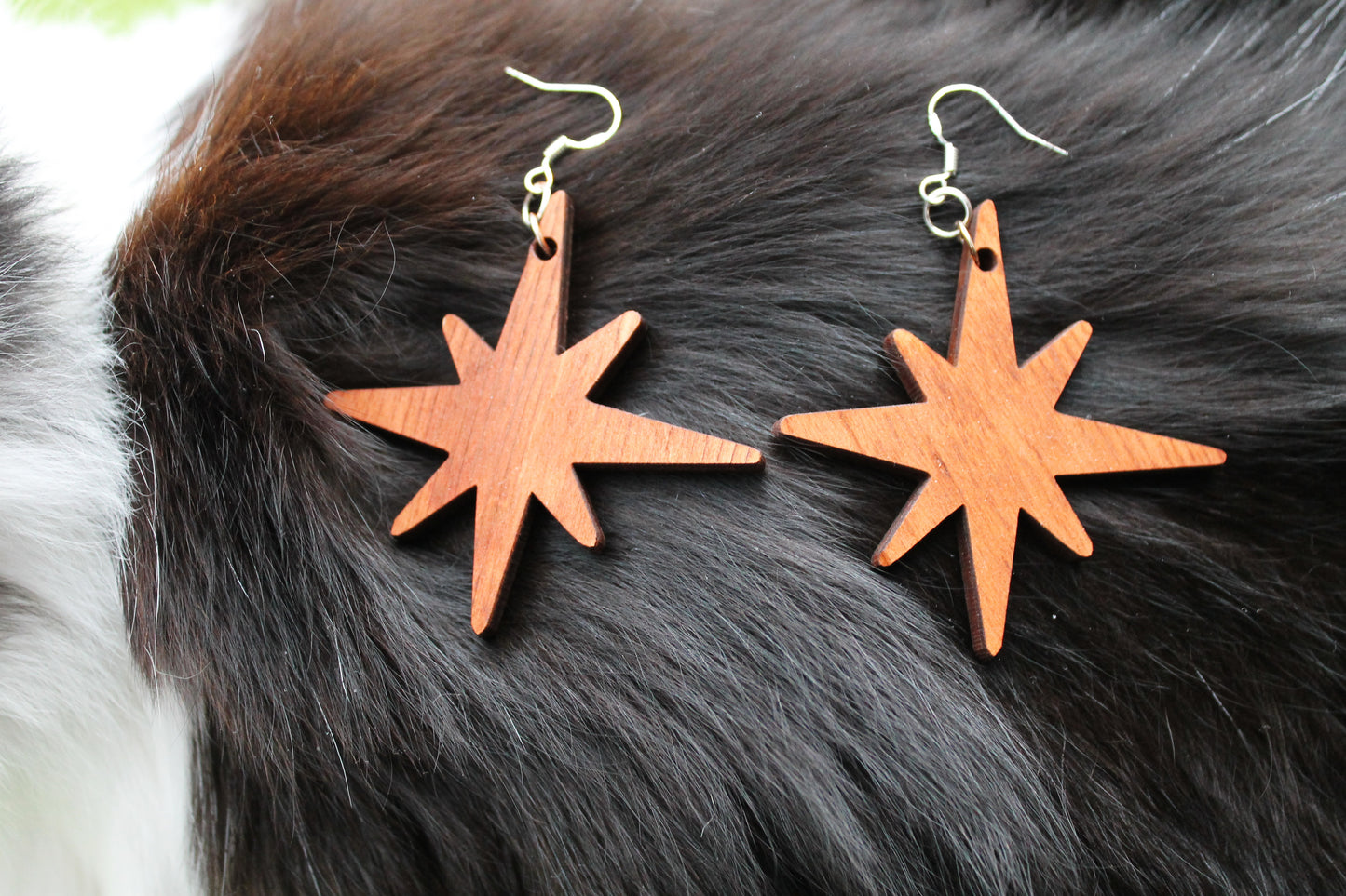 Wooden unique boho star earrings - red wood color - 2.2 inches - with silver plated hooks - handmade earrings