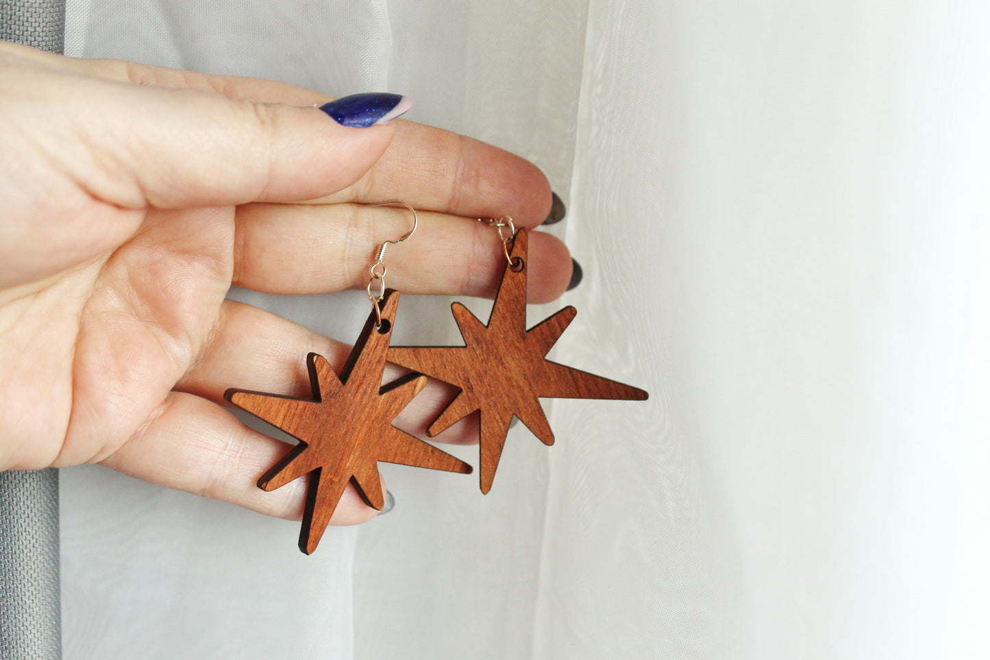 Wooden unique boho star earrings - red wood color - 2.2 inches - with silver plated hooks - handmade earrings