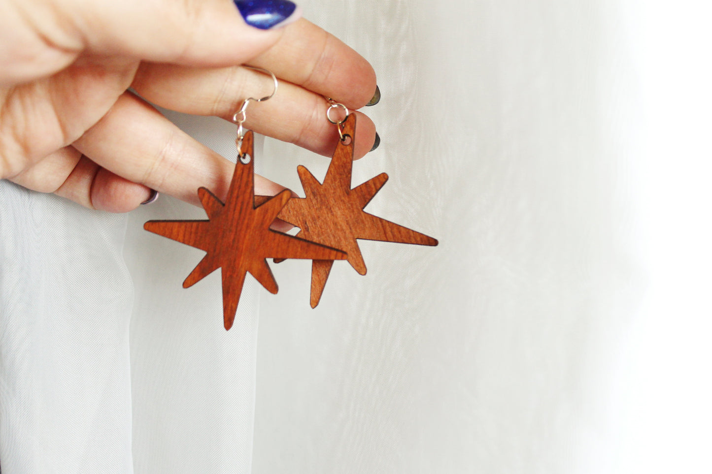 Wooden unique boho star earrings - red wood color - 2.2 inches - with silver plated hooks - handmade earrings