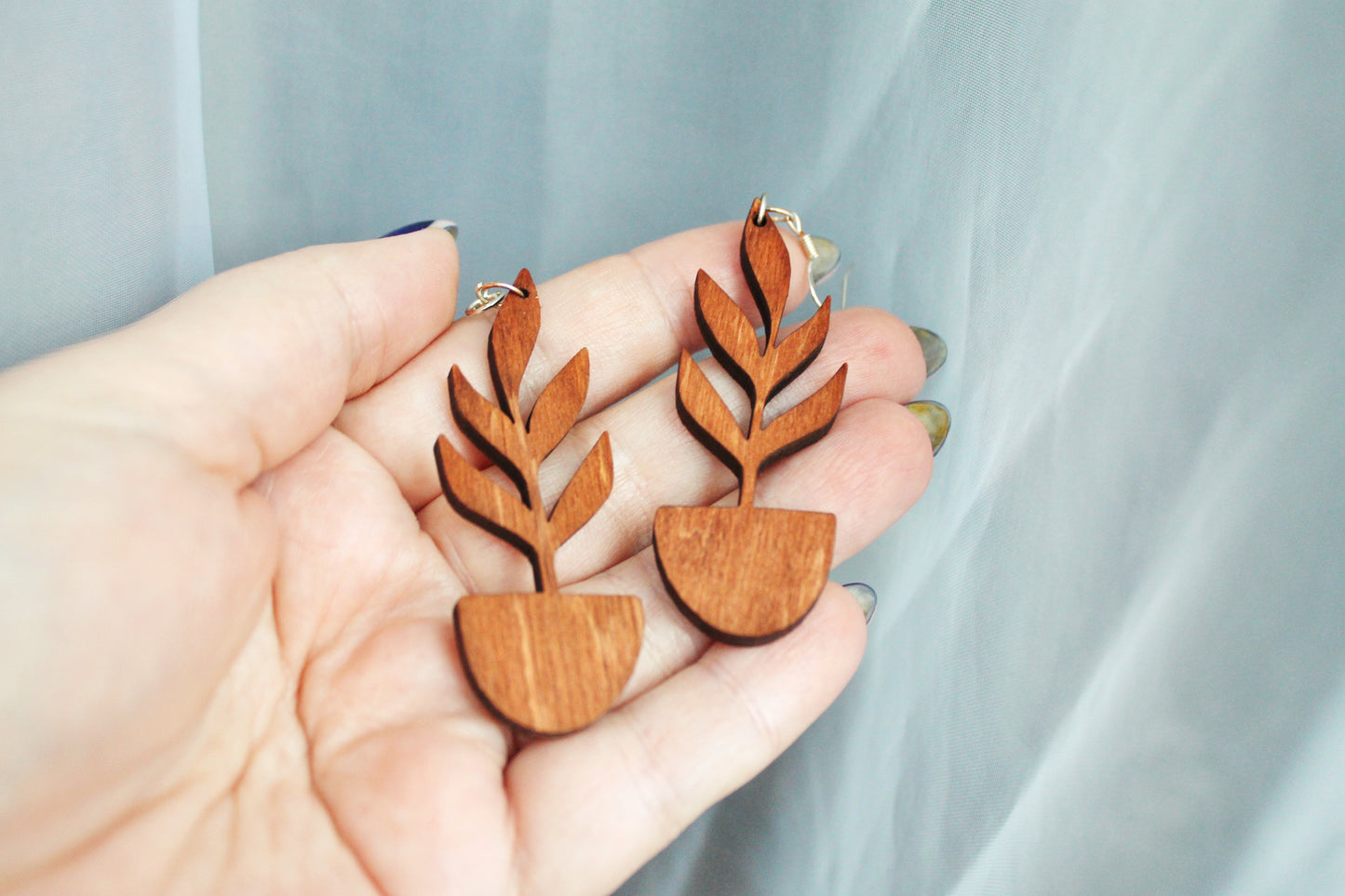 Wooden unique boho houseplant earrings - red wood color - 2.4 inches - with silver plated hooks - handmade earrings