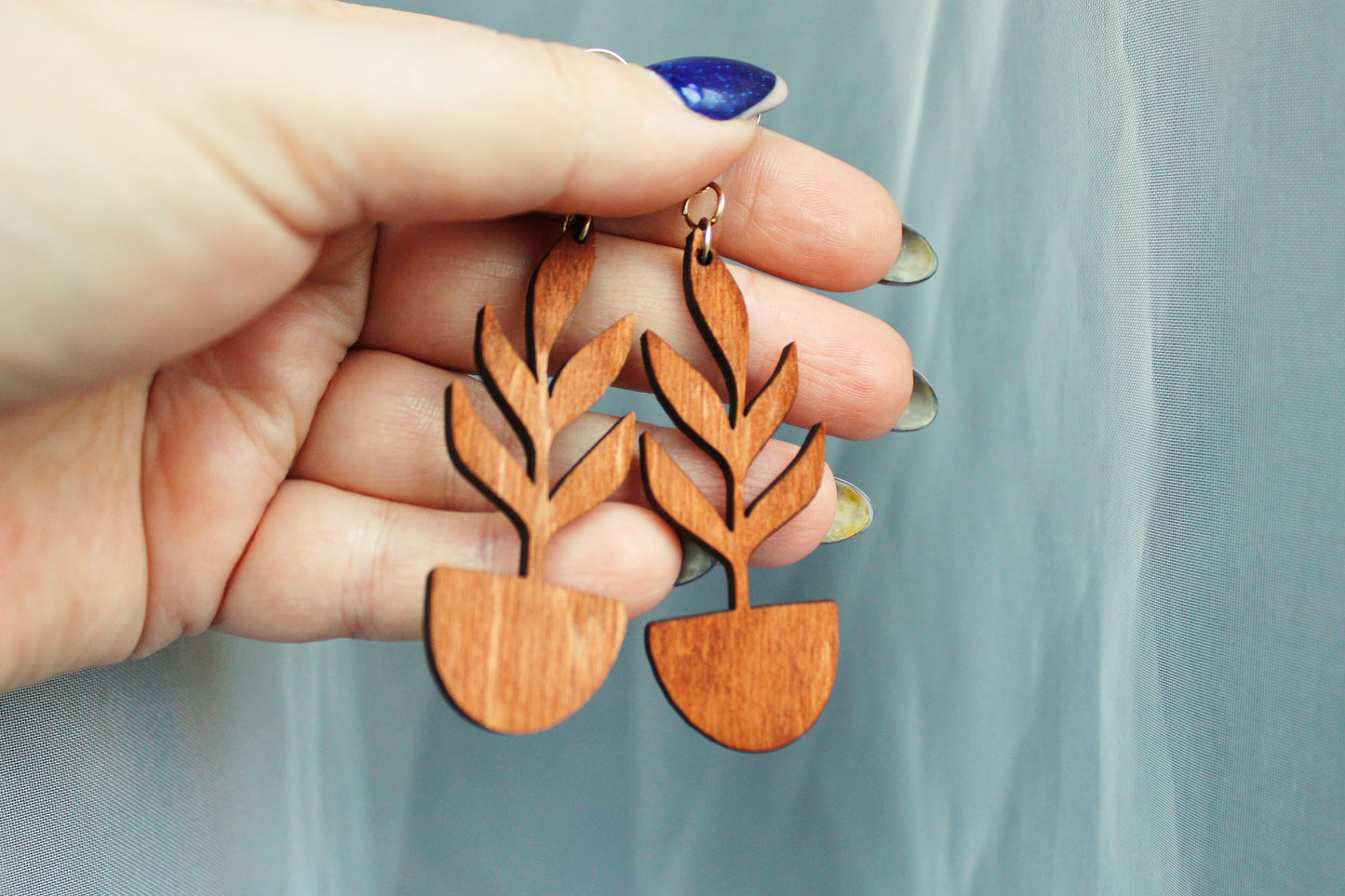 Wooden unique boho houseplant earrings - red wood color - 2.4 inches - with silver plated hooks - handmade earrings