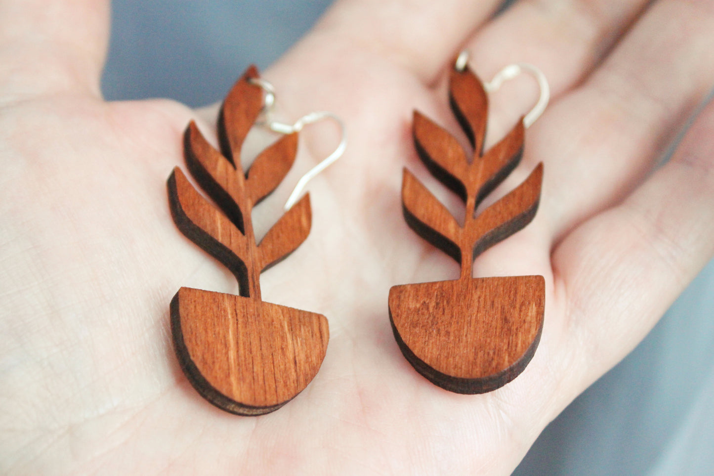 Wooden unique boho houseplant earrings - red wood color - 2.4 inches - with silver plated hooks - handmade earrings