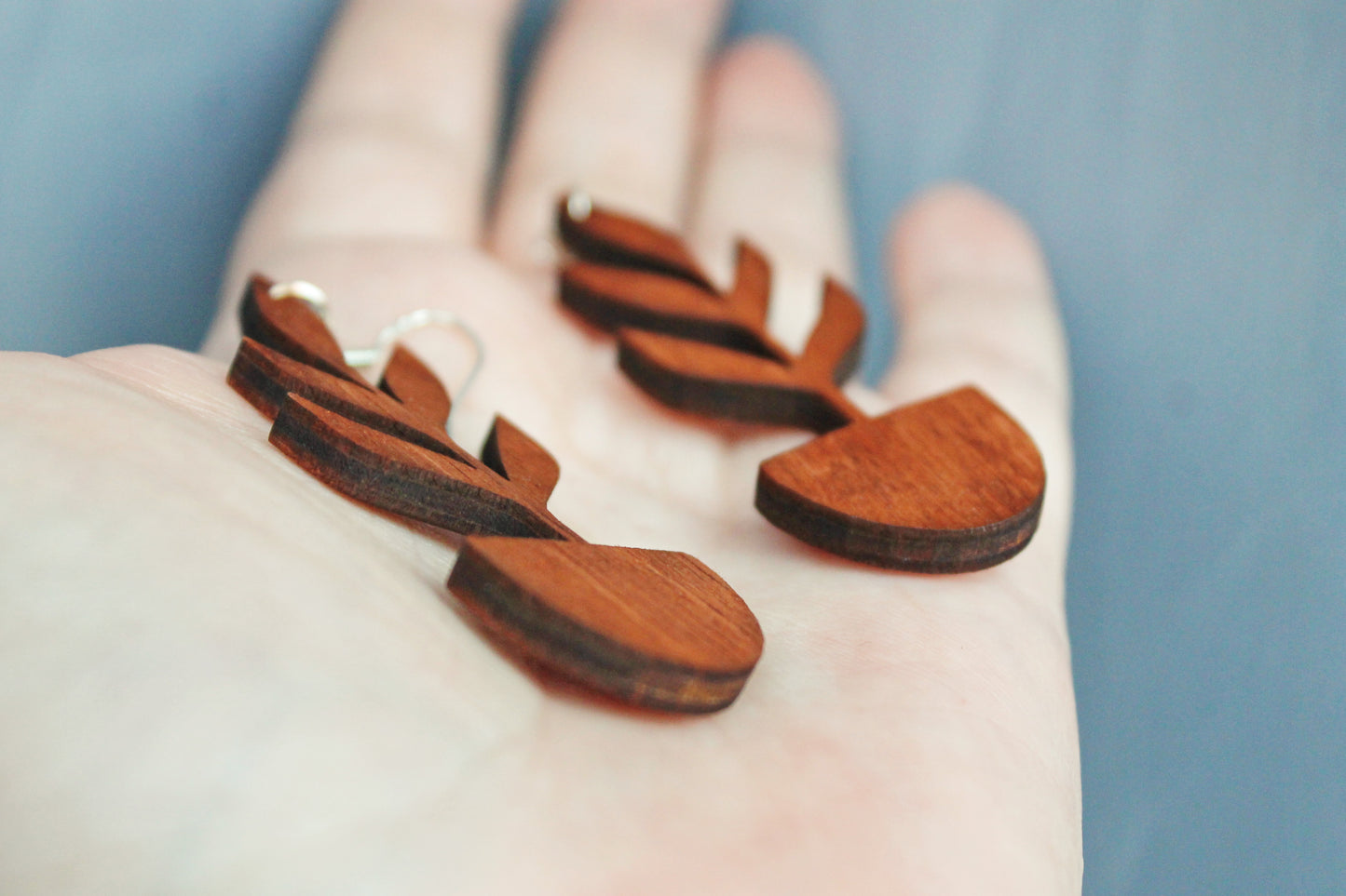 Wooden unique boho houseplant earrings - red wood color - 2.4 inches - with silver plated hooks - handmade earrings