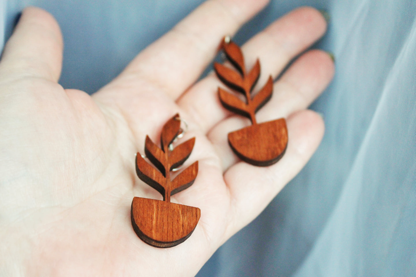Wooden unique boho houseplant earrings - red wood color - 2.4 inches - with silver plated hooks - handmade earrings
