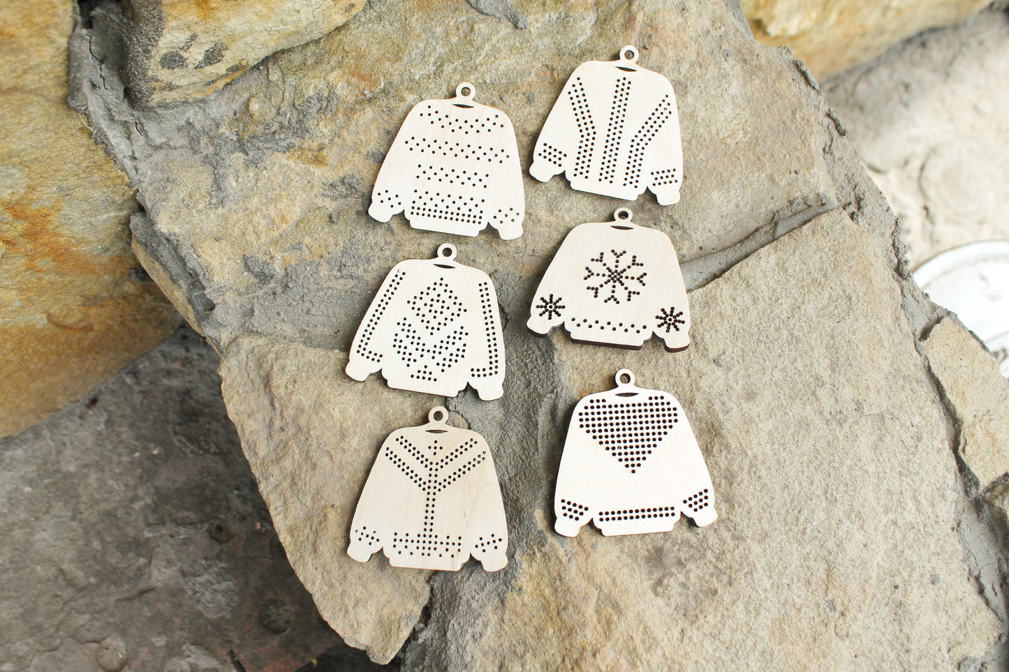 SET OF 6 - Set of Wooden Ugly Sweater Blanks for Embroidery 2.4 inches β Choose 1 to 6 Designs β DIY Cross Stitch Christmas Ornaments