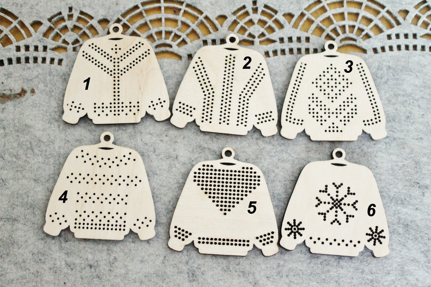 SET OF 6 - Set of Wooden Ugly Sweater Blanks for Embroidery 2.4 inches β Choose 1 to 6 Designs β DIY Cross Stitch Christmas Ornaments