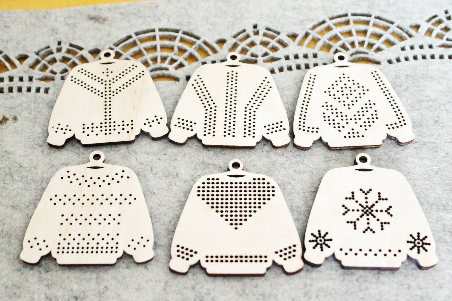 SET OF 6 - Set of Wooden Ugly Sweater Blanks for Embroidery 2.4 inches β Choose 1 to 6 Designs β DIY Cross Stitch Christmas Ornaments