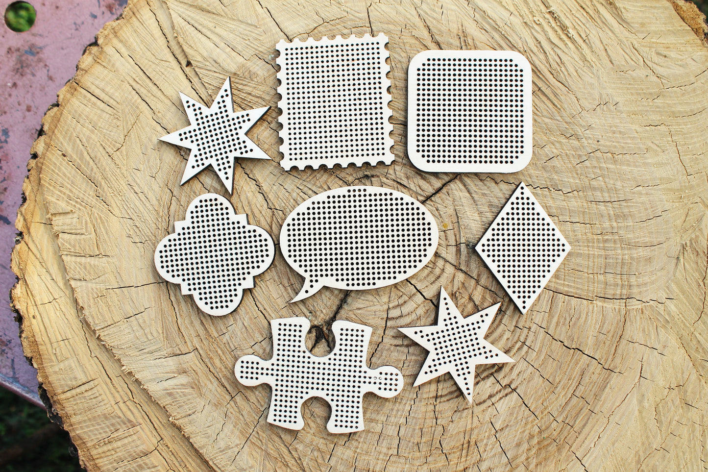 Set of 8 Creative Wooden Embroidery Blanks – Laser Cut Wooden Shapes for Stitching Projects - Geometric Wooden Embroidery Blanks