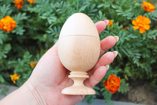 Wooden Egg Trinket Box with Stand – Handmade Alder Jewelry Keepsake Box, Rustic Easter Decor, Natural Wood Gift - 4.5 inches