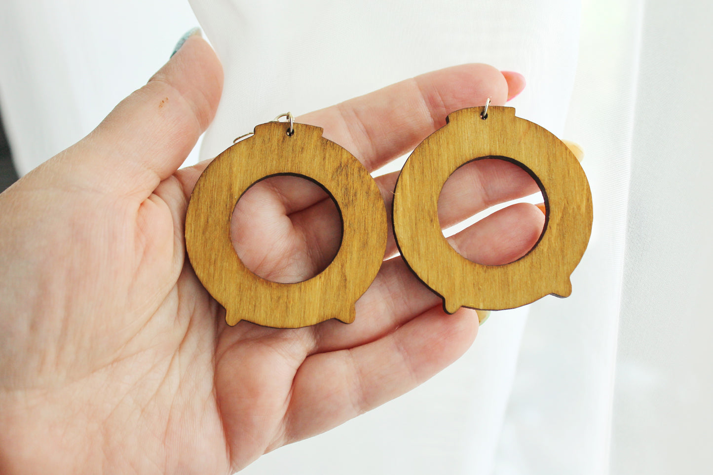 Handmade Wooden Earrings – Walnut Stain Finish - unique boho earrings - 2 inches - with silver plated hooks - handmade earrings