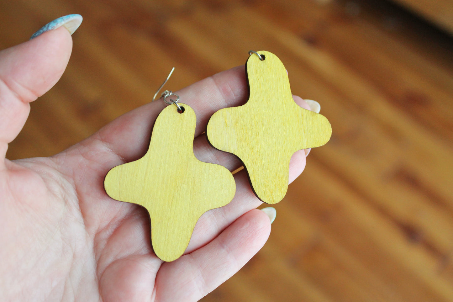 Handmade Yellow Wooden Earrings – Handmade Birch Plywood, Laser Cut, Lightweight Eco-Friendly Jewelry with silver plated hooks - 2.3 inches