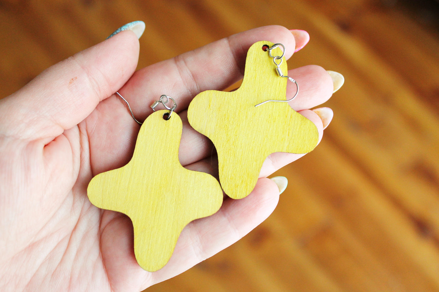 Handmade Yellow Wooden Earrings – Handmade Birch Plywood, Laser Cut, Lightweight Eco-Friendly Jewelry with silver plated hooks - 2.3 inches