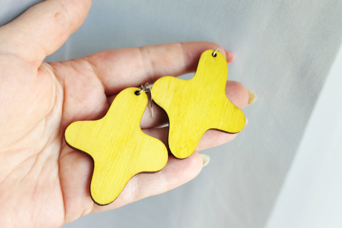 Handmade Yellow Wooden Earrings – Handmade Birch Plywood, Laser Cut, Lightweight Eco-Friendly Jewelry with silver plated hooks - 2.3 inches
