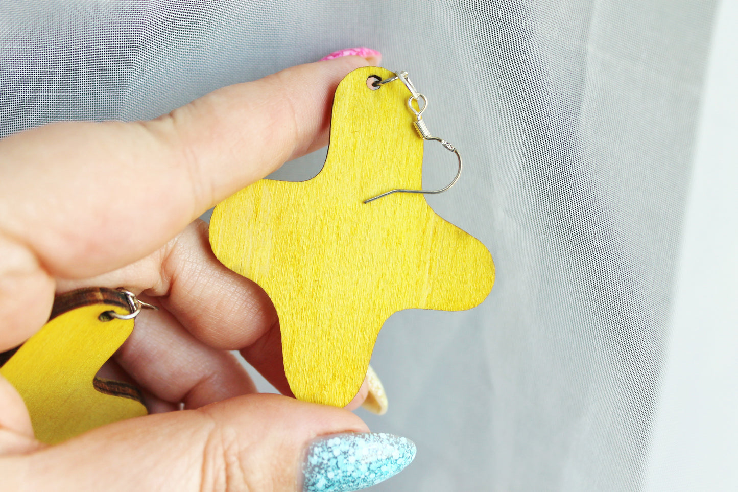 Handmade Yellow Wooden Earrings – Handmade Birch Plywood, Laser Cut, Lightweight Eco-Friendly Jewelry with silver plated hooks - 2.3 inches