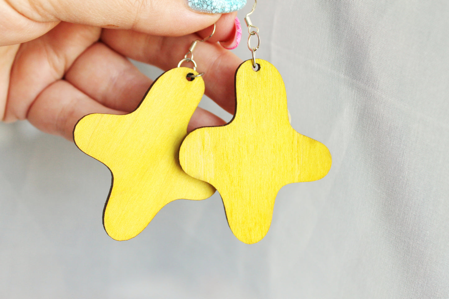 Handmade Yellow Wooden Earrings – Handmade Birch Plywood, Laser Cut, Lightweight Eco-Friendly Jewelry with silver plated hooks - 2.3 inches