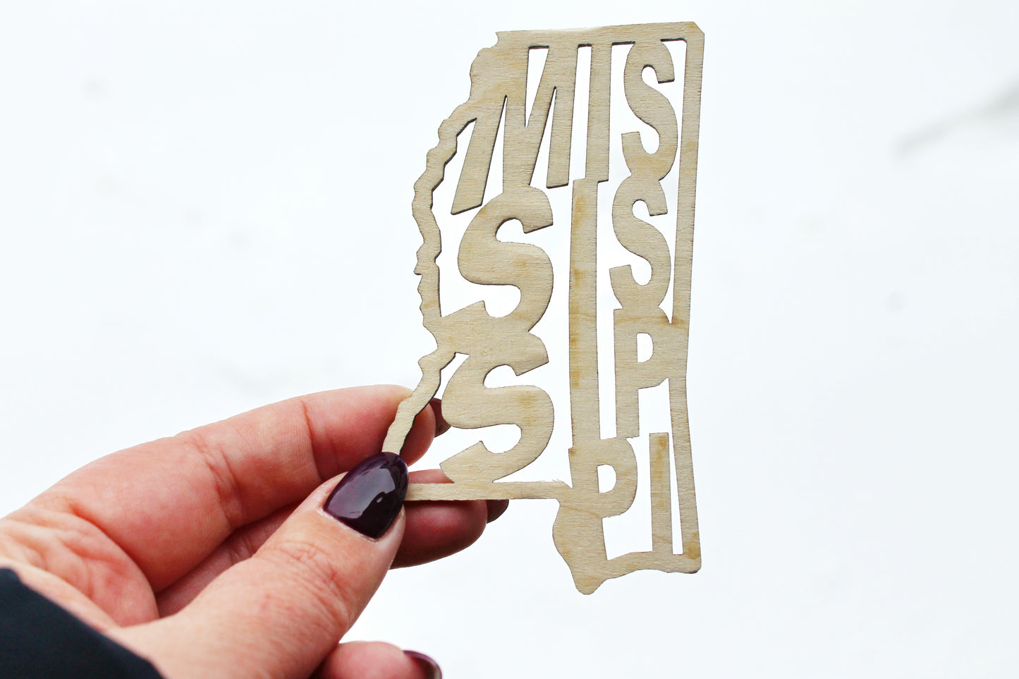 Mississippi state inscription - Laser Cut - unfinished blank - 3.5 inches - Mississippi Map Shape Text, Pattern, Stencil, Outline