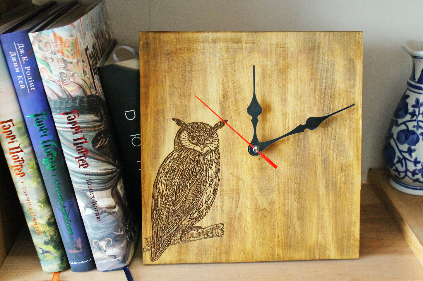Wooden Owl wall/desk clock made of solid linden wood - walnut color