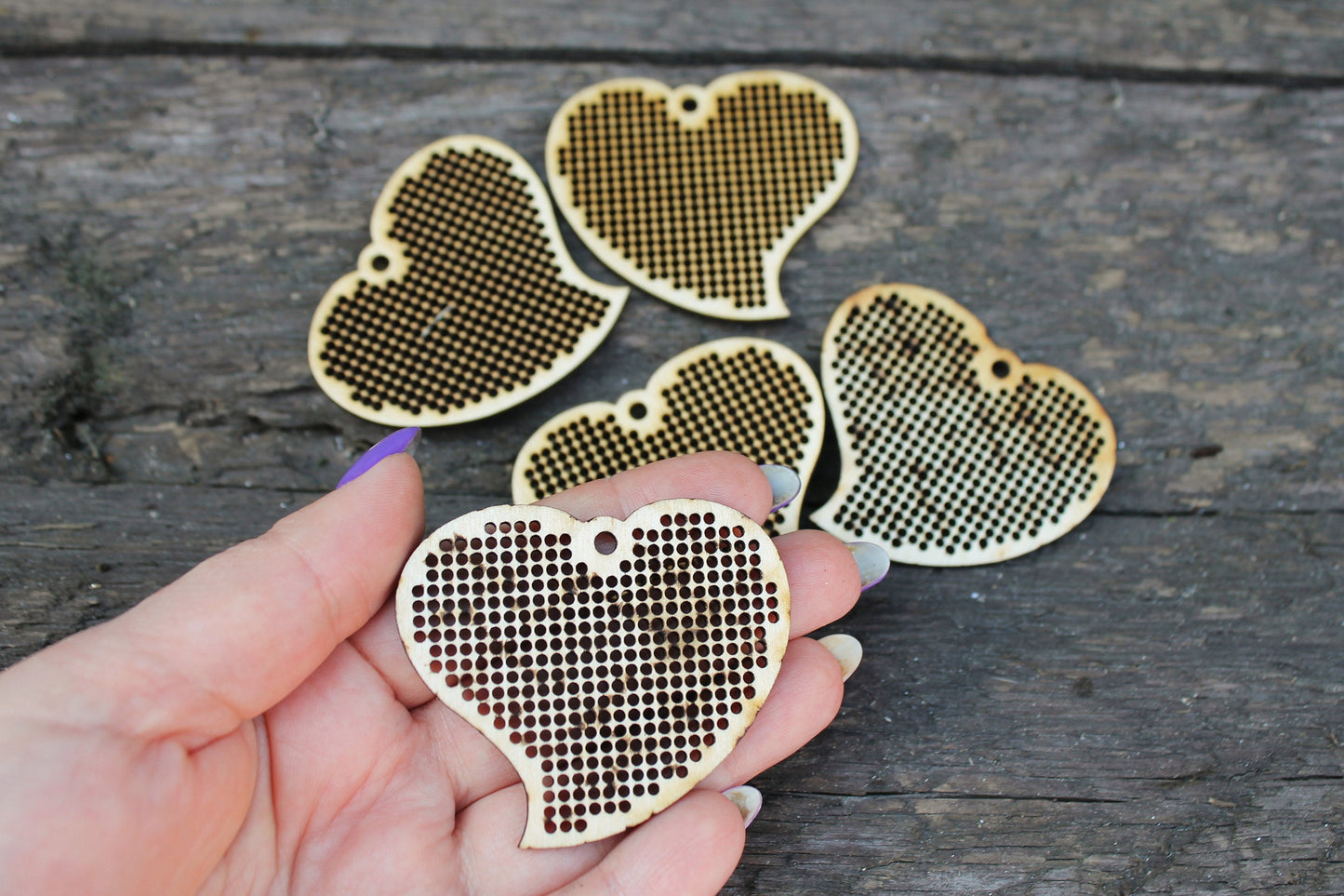 SET OF 5 - Heart Cross stitch pendant blank - blanks Wood Needlecraft Pendant, Necklace or Earrings - wooden cross stitch blank