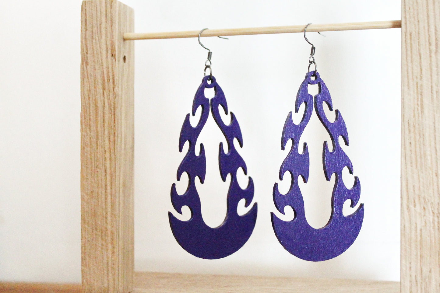 Wooden tribal purple earrings - 3 inches - with silver plated hooks - handmade earrings