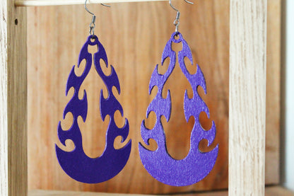 Wooden tribal purple earrings - 3 inches - with silver plated hooks - handmade earrings