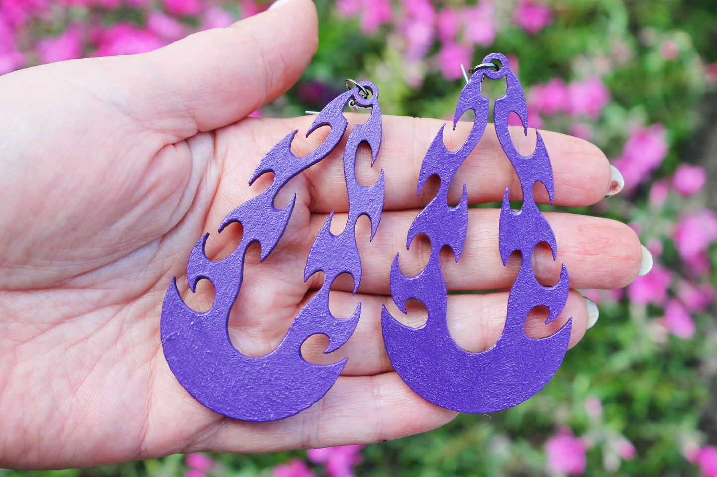 Wooden tribal purple earrings - 3 inches - with silver plated hooks - handmade earrings