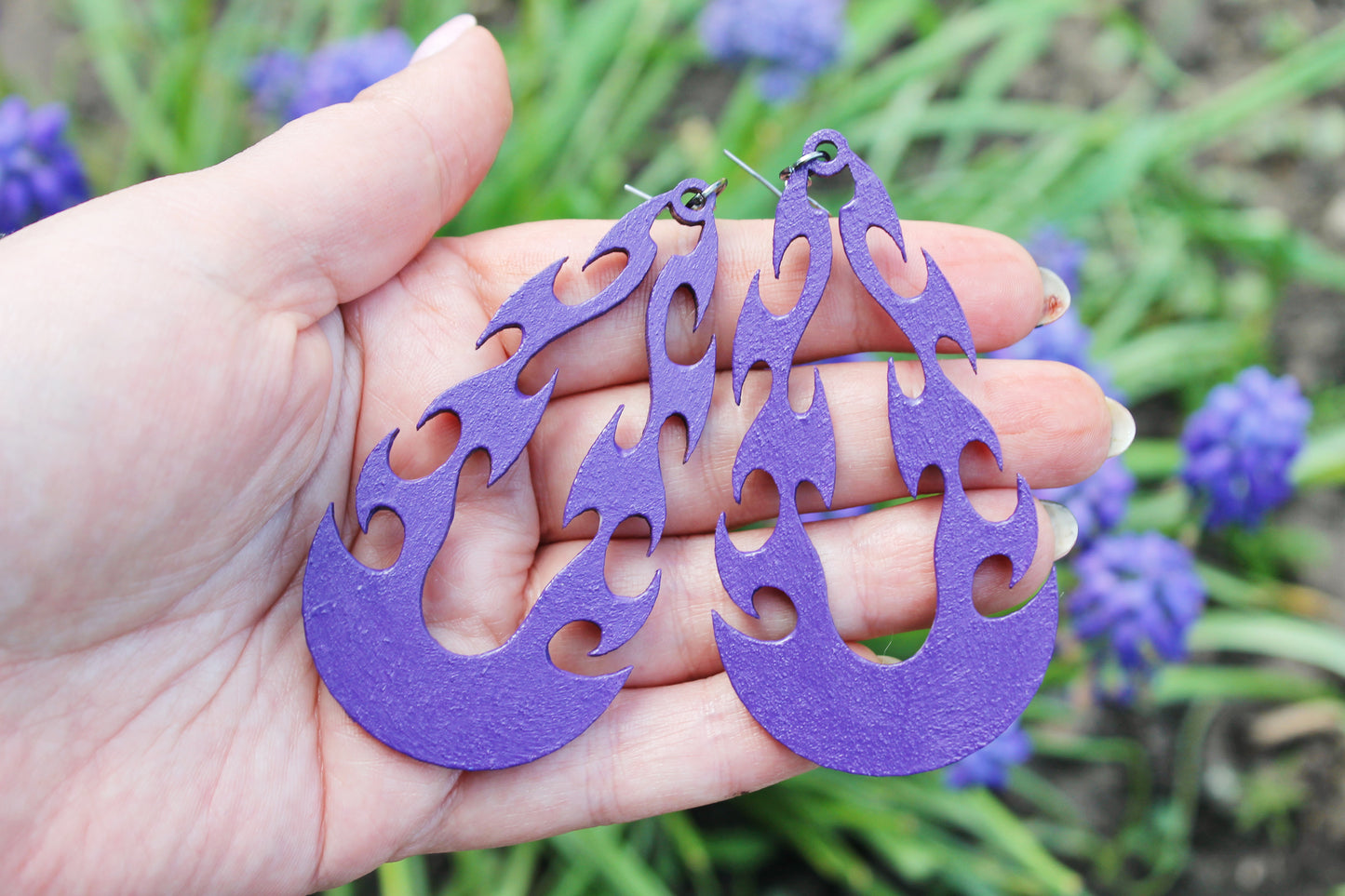 Wooden tribal purple earrings - 3 inches - with silver plated hooks - handmade earrings