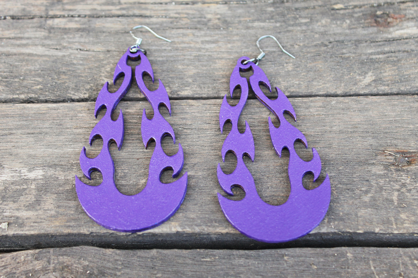 Wooden tribal purple earrings - 3 inches - with silver plated hooks - handmade earrings