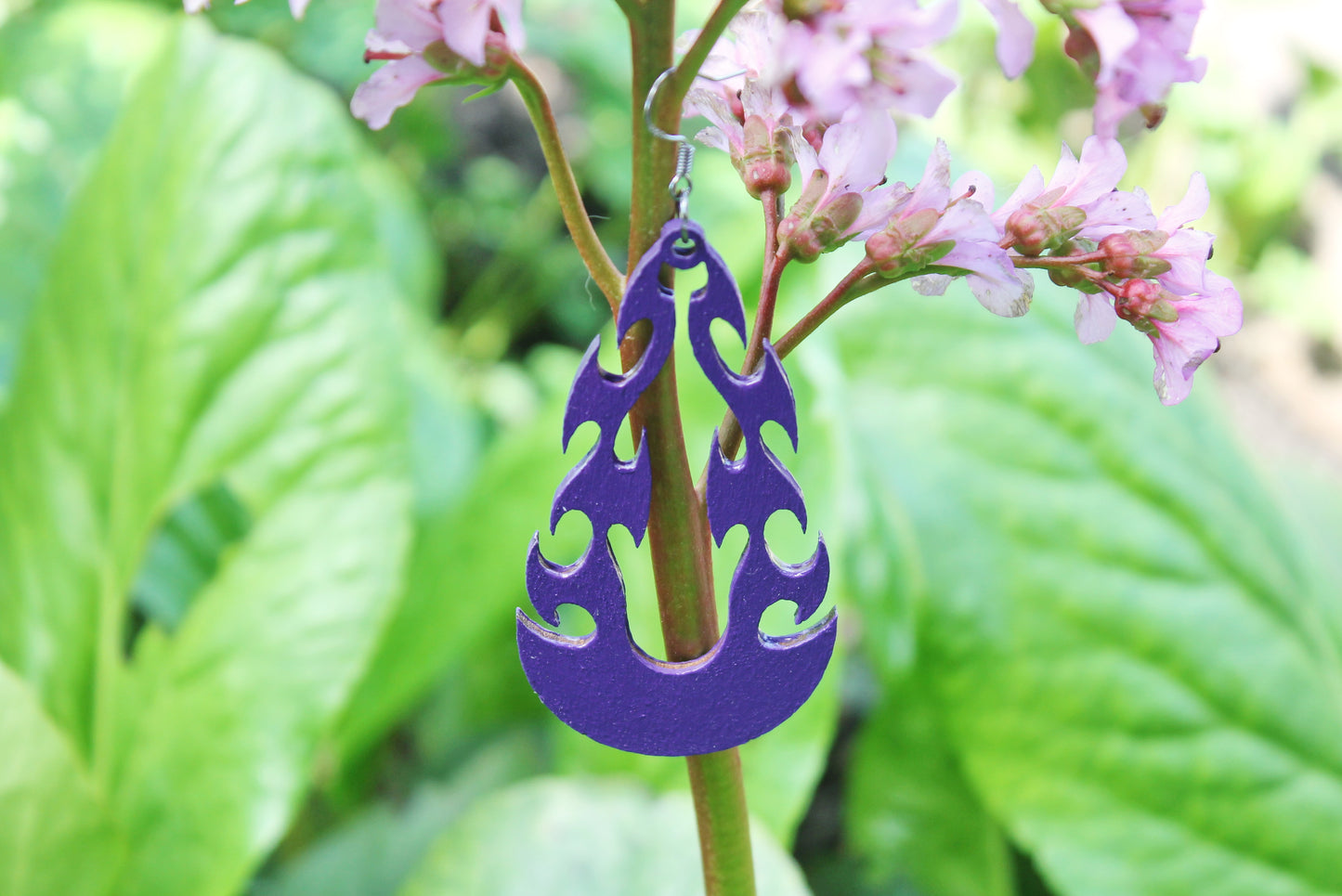 Wooden tribal purple earrings - 3 inches - with silver plated hooks - handmade earrings