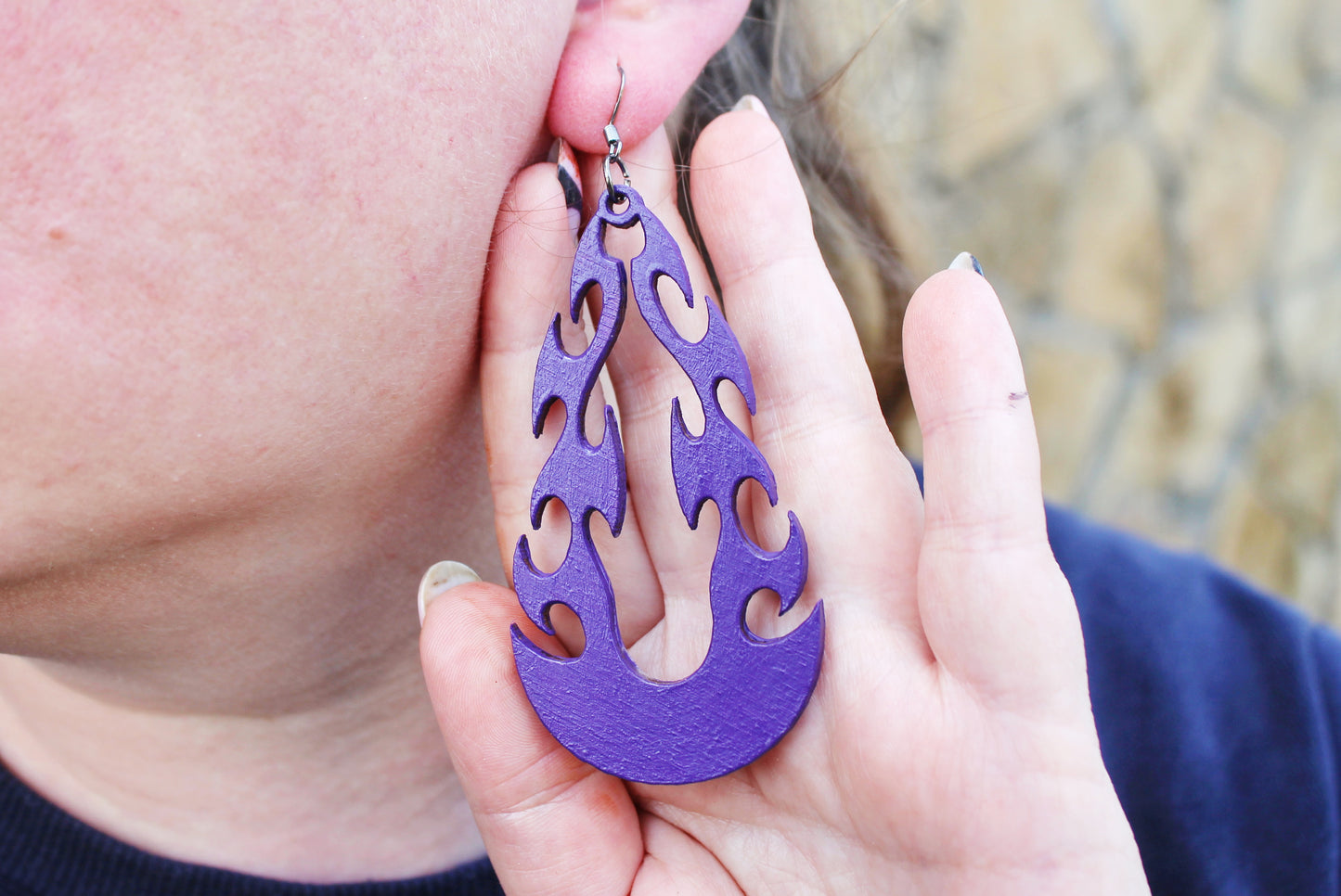 Wooden tribal purple earrings - 3 inches - with silver plated hooks - handmade earrings