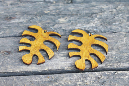 Wooden monstera earrings - walnut color - 2.5 inches - with silver plated hooks - handmade earrings