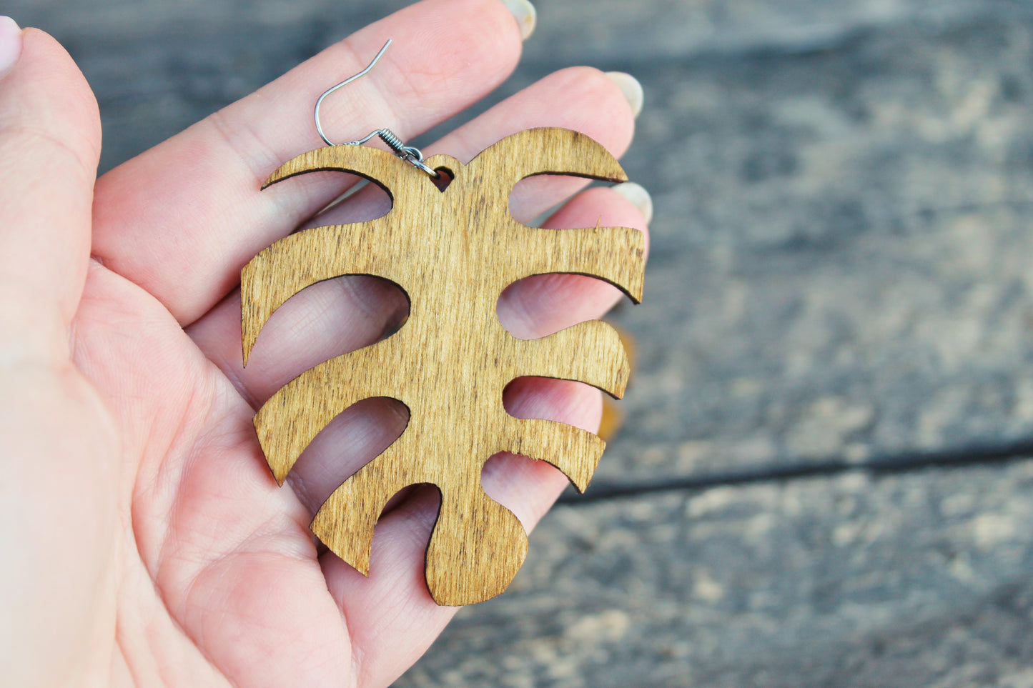 Wooden monstera earrings - walnut color - 2.5 inches - with silver plated hooks - handmade earrings