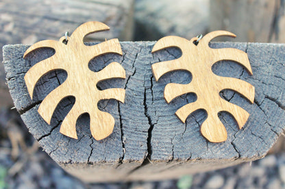 Wooden monstera earrings - walnut color - 2.5 inches - with silver plated hooks - handmade earrings