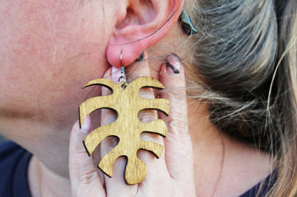 Wooden monstera earrings - walnut color - 2.5 inches - with silver plated hooks - handmade earrings