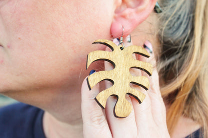 Wooden monstera earrings - walnut color - 2.5 inches - with silver plated hooks - handmade earrings