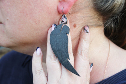 Wooden feather black-gray earrings - 3.4 inches - with silver plated hooks - handmade earrings