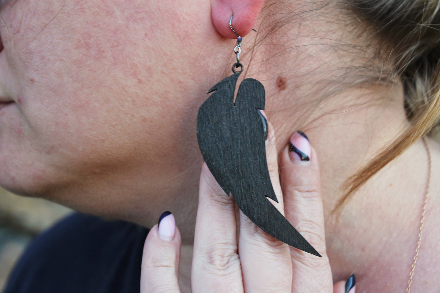 Wooden feather black-gray earrings - 3.4 inches - with silver plated hooks - handmade earrings