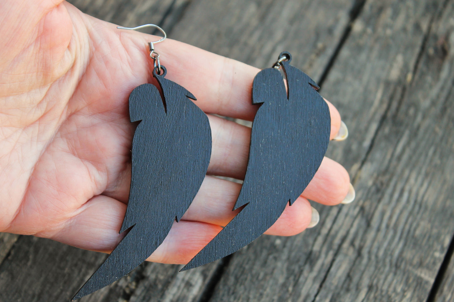 Wooden feather black-gray earrings - 3.4 inches - with silver plated hooks - handmade earrings