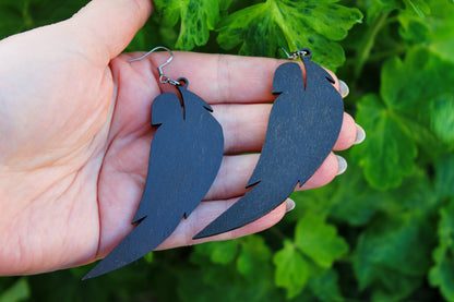 Wooden feather black-gray earrings - 3.4 inches - with silver plated hooks - handmade earrings