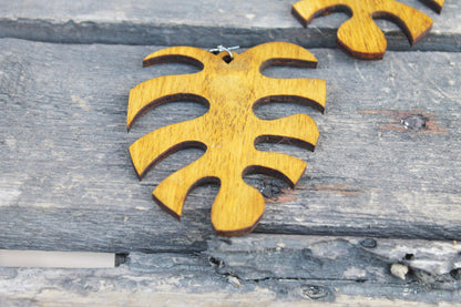 Wooden monstera earrings - walnut color - 2.5 inches - with silver plated hooks - handmade earrings