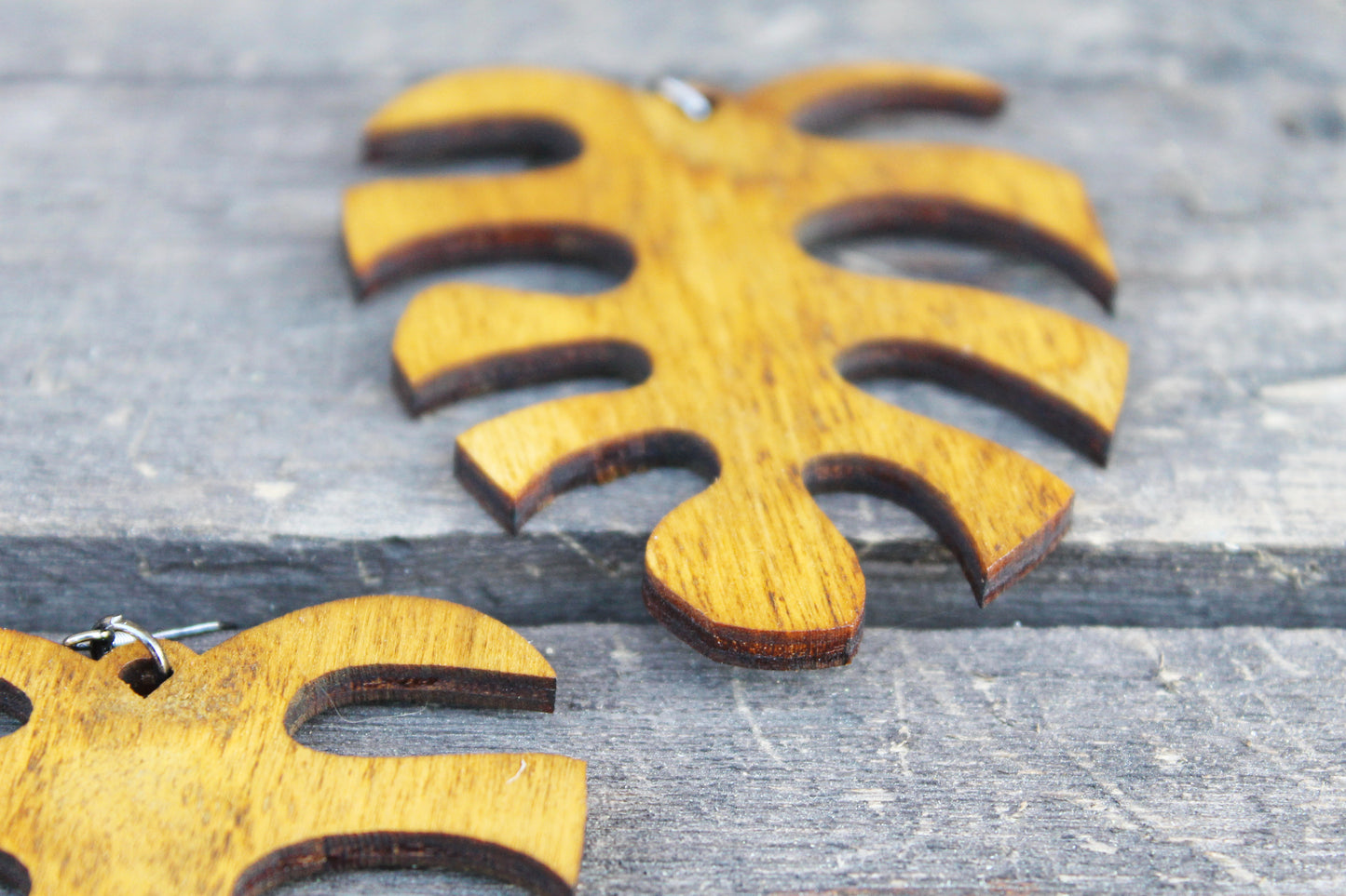 Wooden monstera earrings - walnut color - 2.5 inches - with silver plated hooks - handmade earrings