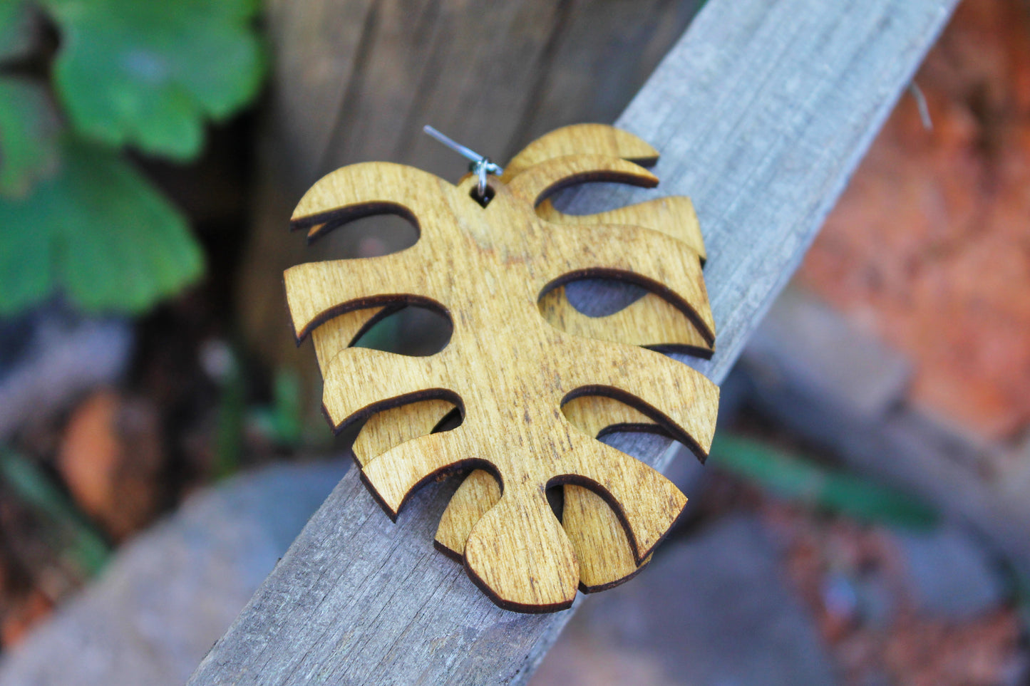 Wooden monstera earrings - walnut color - 2.5 inches - with silver plated hooks - handmade earrings