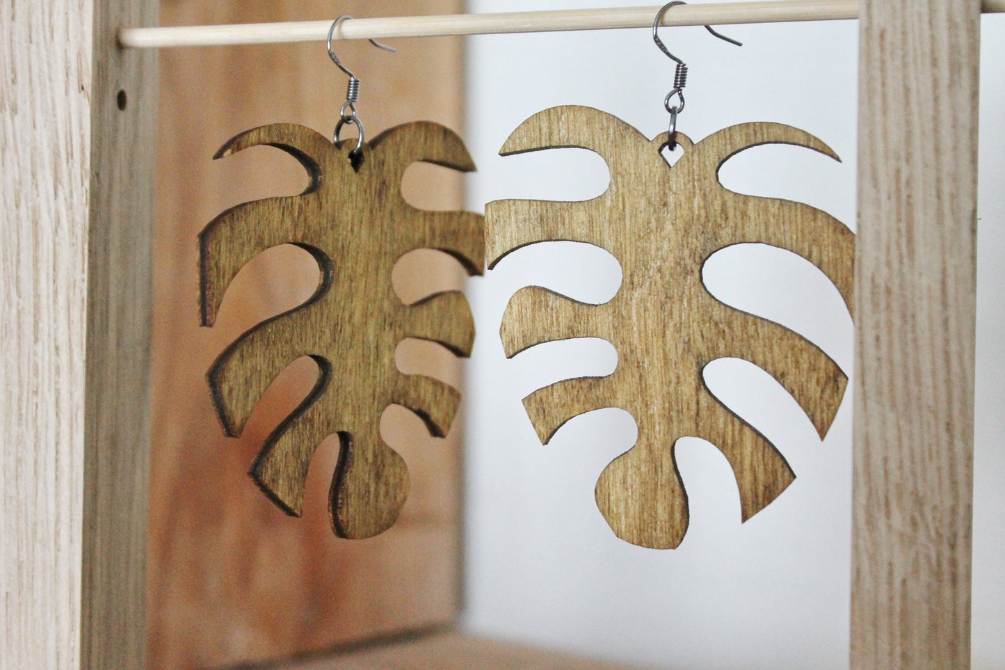 Wooden monstera earrings - walnut color - 2.5 inches - with silver plated hooks - handmade earrings