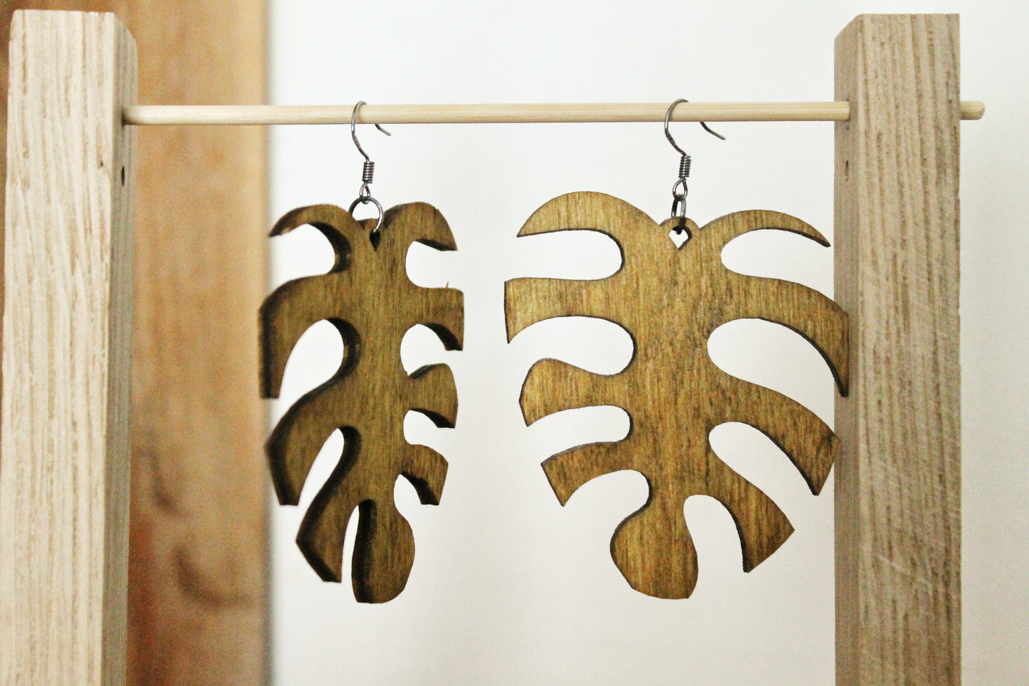 Wooden monstera earrings - walnut color - 2.5 inches - with silver plated hooks - handmade earrings