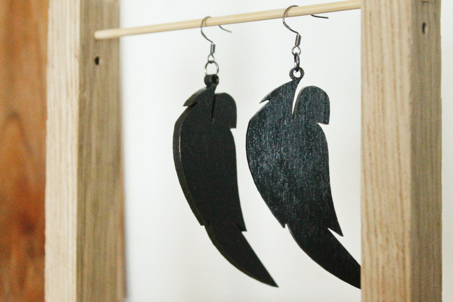 Wooden feather black-gray earrings - 3.4 inches - with silver plated hooks - handmade earrings