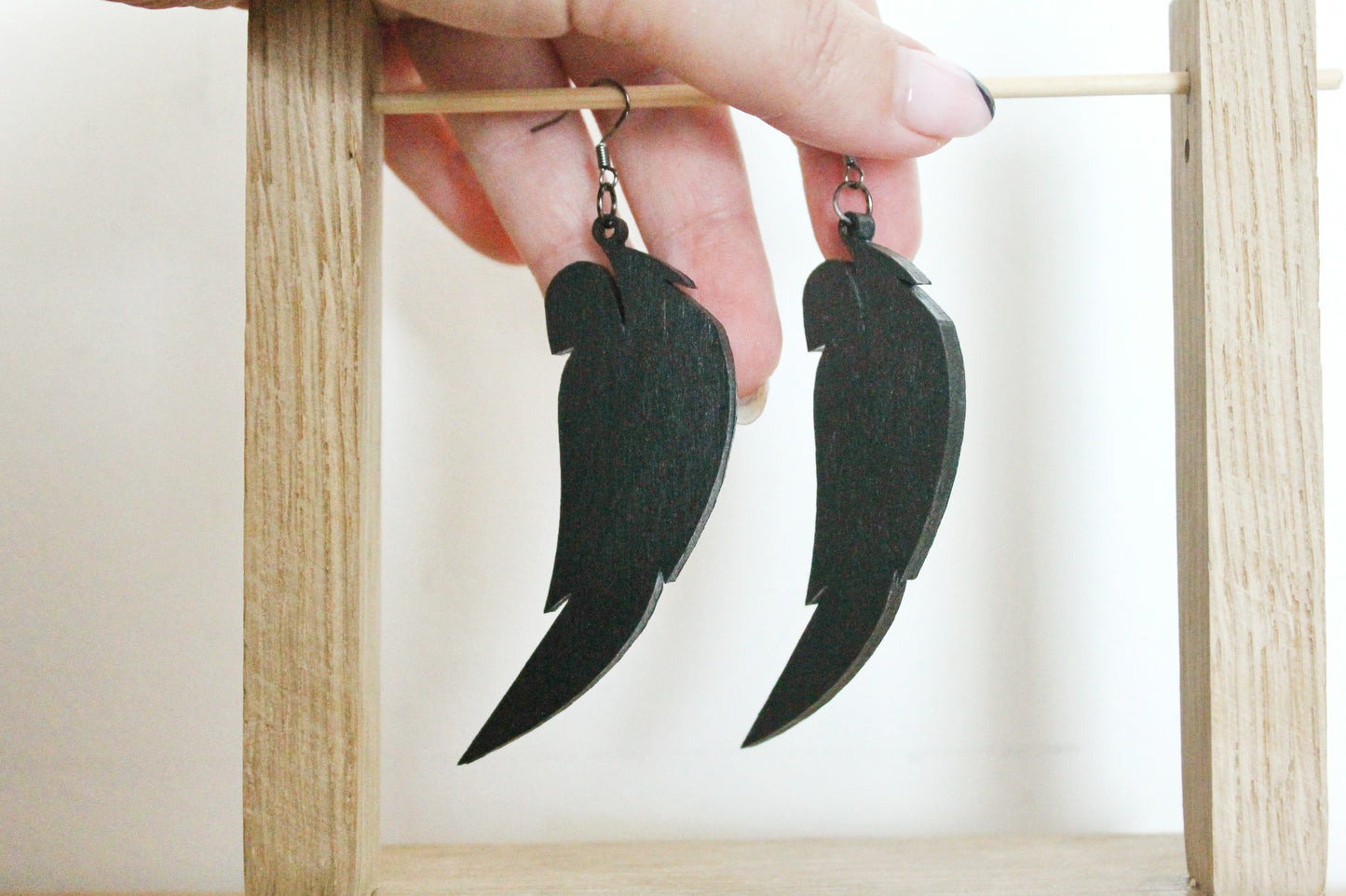 Wooden feather black-gray earrings - 3.4 inches - with silver plated hooks - handmade earrings