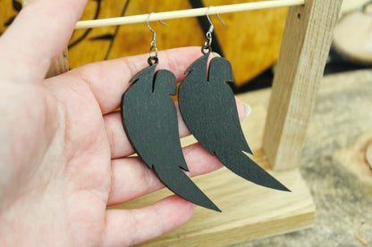 Wooden feather black-gray earrings - 3.4 inches - with silver plated hooks - handmade earrings