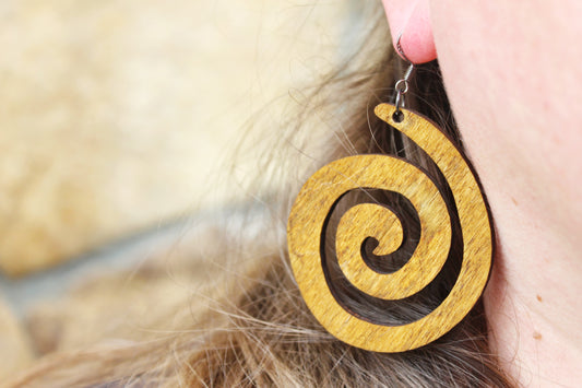 Wooden spiral boho earrings - walnut color - 2.2 inches - with silver plated hooks - handmade earrings